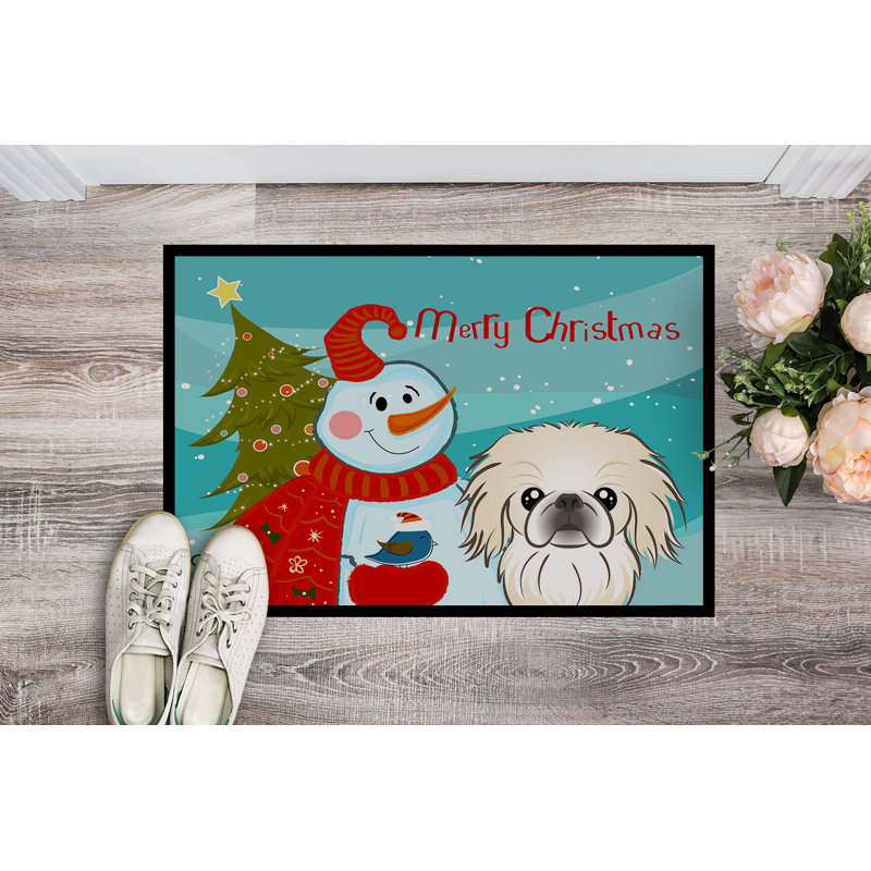 Tapis de porte d’extérieur anti-dérapant bonhomme de neige avec pékinois, Rectangle 1 pi 6 po x 2 pi 3 po