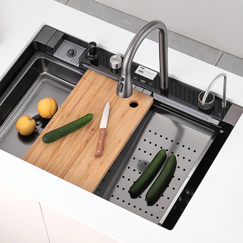 Lefton New 33"x22" Dual-mount Stainless Steel Waterfall Kitchen Sink With Temperature Display In Fahrenheit, Pull-down Faucet, Waterfall & Rainfall Outlet, Drain Basket, Metal Tray, Cutting Board, Ks2206l-pro