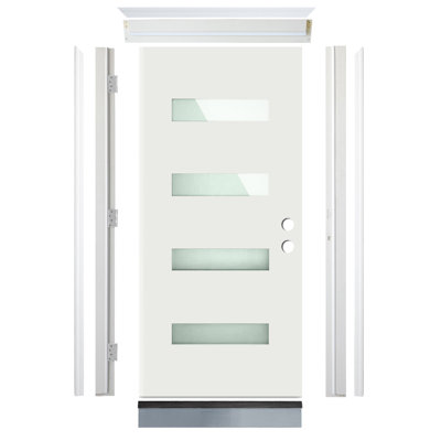 Porte d'entrée Calhome en verre givré blanc moderne à 4 verres de 36 po x 80 po avec cadre en Vynyl à assemblage rapide et ensemble de moulures en brique
