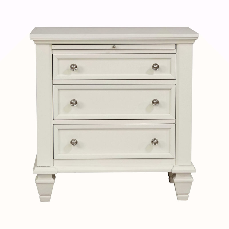 Table de chevet 3 tiroirs avec plateau coulissant, Blanc