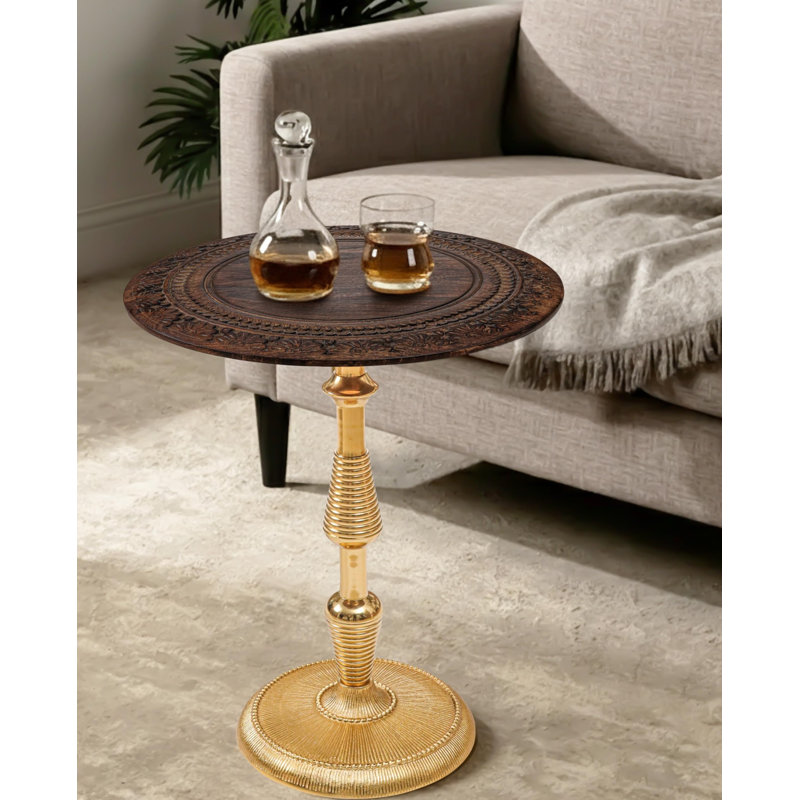 Table d'appoint pliante bohème sculptée à la main, Brown & Gold