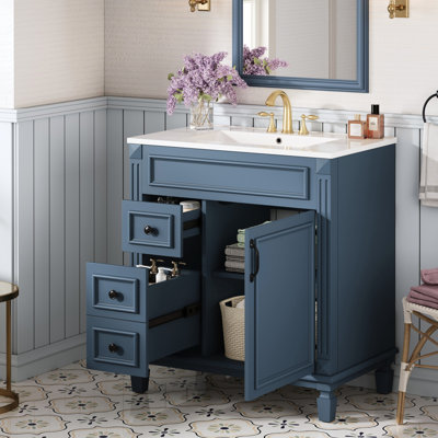 Meuble-lavabo de 30 po avec lavabo en céramique, 2 tiroirs et tablette réglable, charnières à fermeture douce pour un fonctionnement silencieux