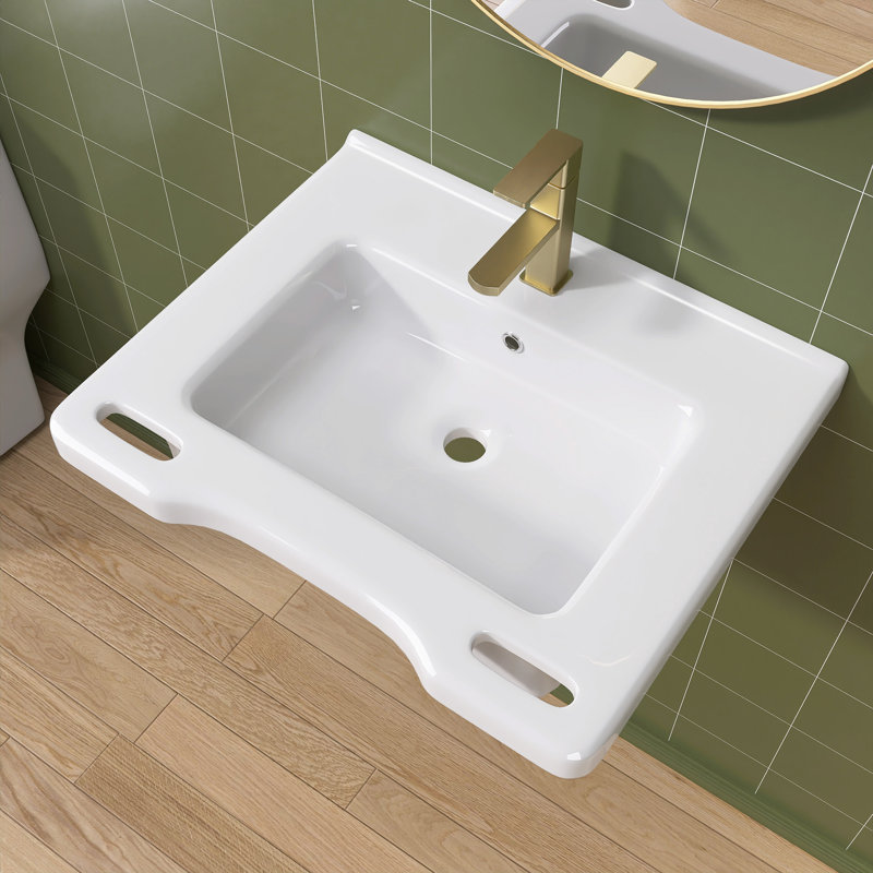 24,1 po L x 19,7 po L 5,3 po D ADA Conforme à l'ADA Lavabo à fixation murale pour fauteuil roulant avec poignée blanc