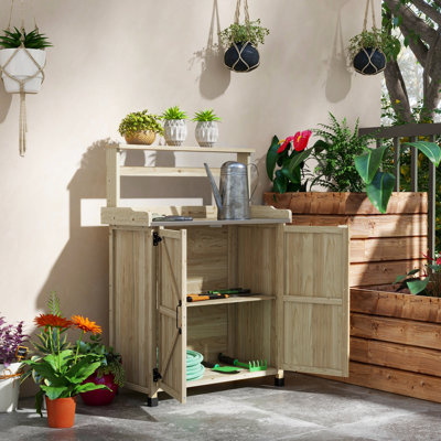 Garden Workstation With Storage, Galvanized Top, Wooden Structure For Backyard, Patio, Lawn, Natural Potting Table Surface, Cabinet Garden,