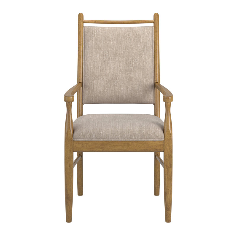 Cipolla Wood Finish Beige Fabric Arm Chair, Oak Wood