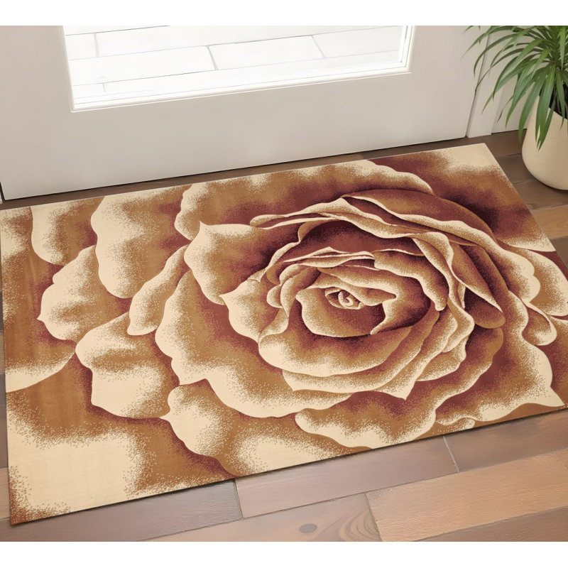 Tapis floral ivoire et rouge 2 pi x 3 pi