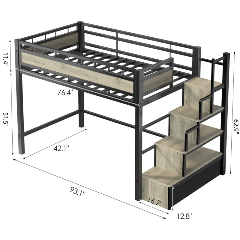 Lit mezzanine simple avec escalier de rangement, cadre de lit en métal, garde-corps intégré et ensemble anti-basculement, lit mezzanine peu encombrant pour enfants, adolescents, dortoirs ou petites pièces