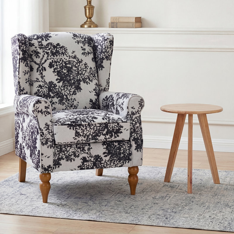 Ensemble 2 pièces de fauteuil d'appoint à oreilles et de table d'appoint ronde en bois d'hévéa, Floral