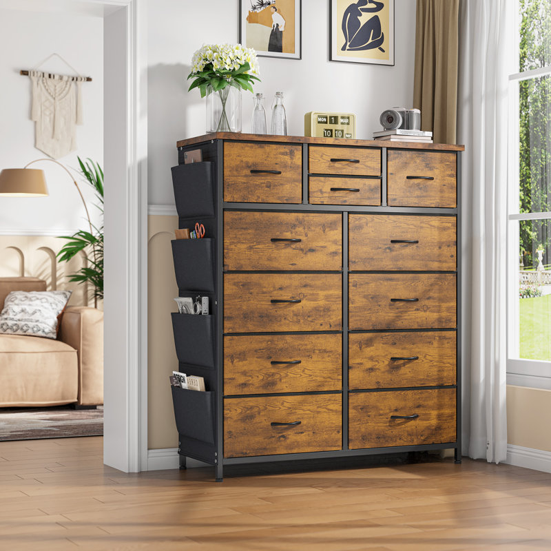 Dresser For Bedroom With 12 Drawers, Chest Of Drawers With 4 Side Pockets, Brown