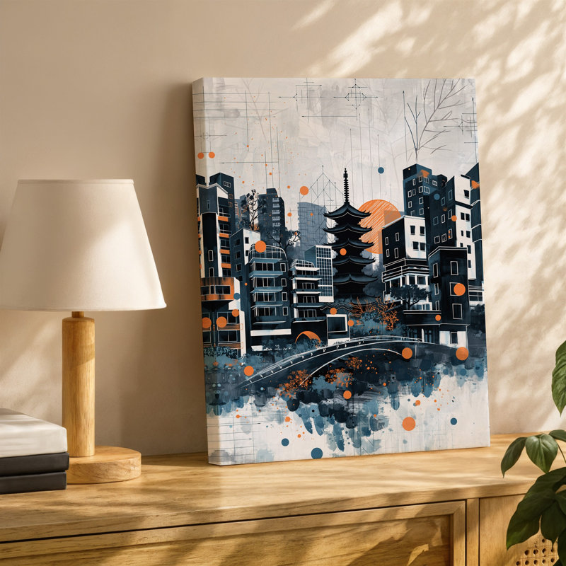 Toile, paysage urbain surréel mélangeant une architecture traditionnelle et moderne avec un art mural, une grande pagode entourée d'une grappe dense, art mural