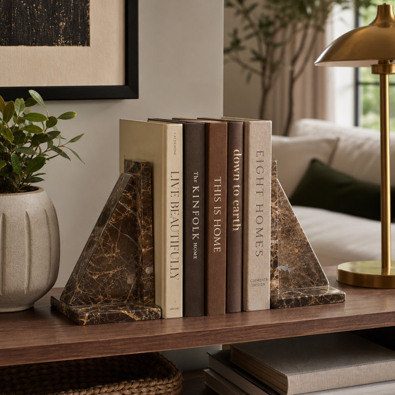 Serre-livres décoratifs en marbre en forme de pyramide pour bureau et étagère - Serre-livres modernes pour une présentation élégante - Lot de 2, 18 cm, brun et vert