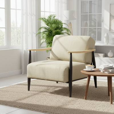 Chaise d'appoint rembourrée Mid-Century beige avec accoudoirs en bois naturel et structure en métal noir