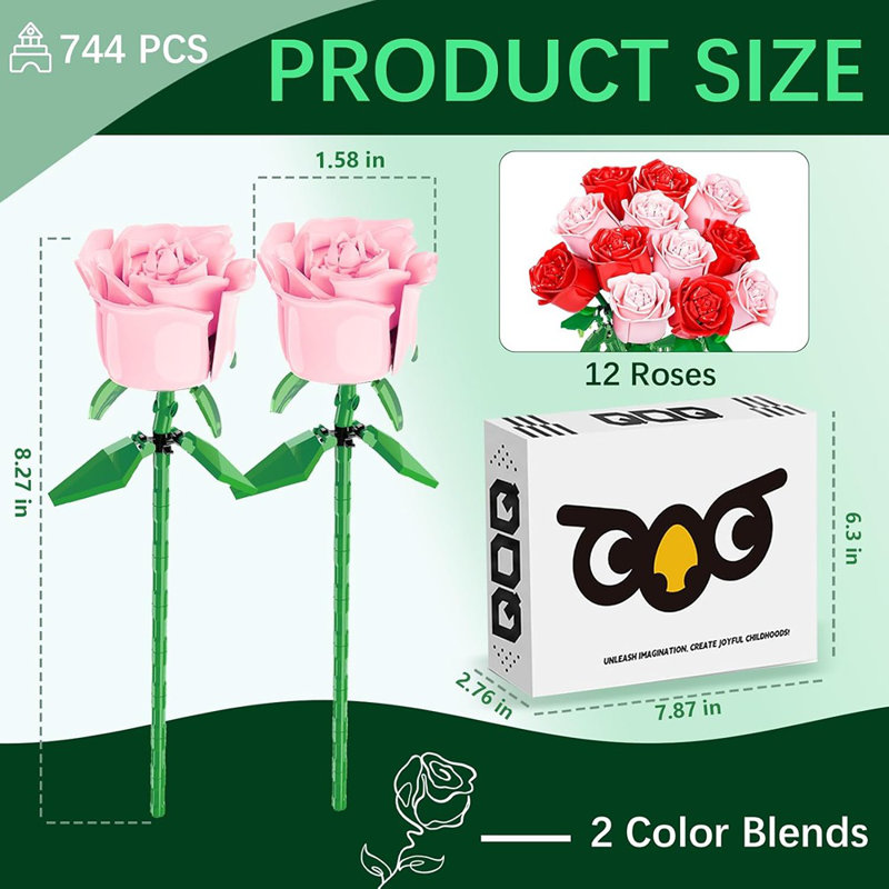 Ensemble de blocs de construction Rose Flower, 744 pièces, bricolage