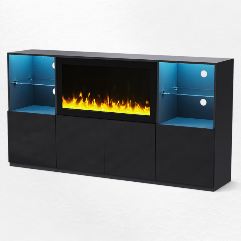 Meuble télé pour téléviseur de 75 po ou moins avec foyer électrique Gwinevere, Noir, noir, noir, noir