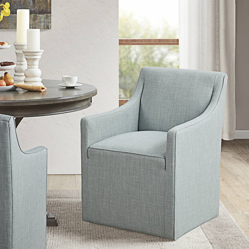 Blue Upholstered Skirted Dining Arm Chair with Casters