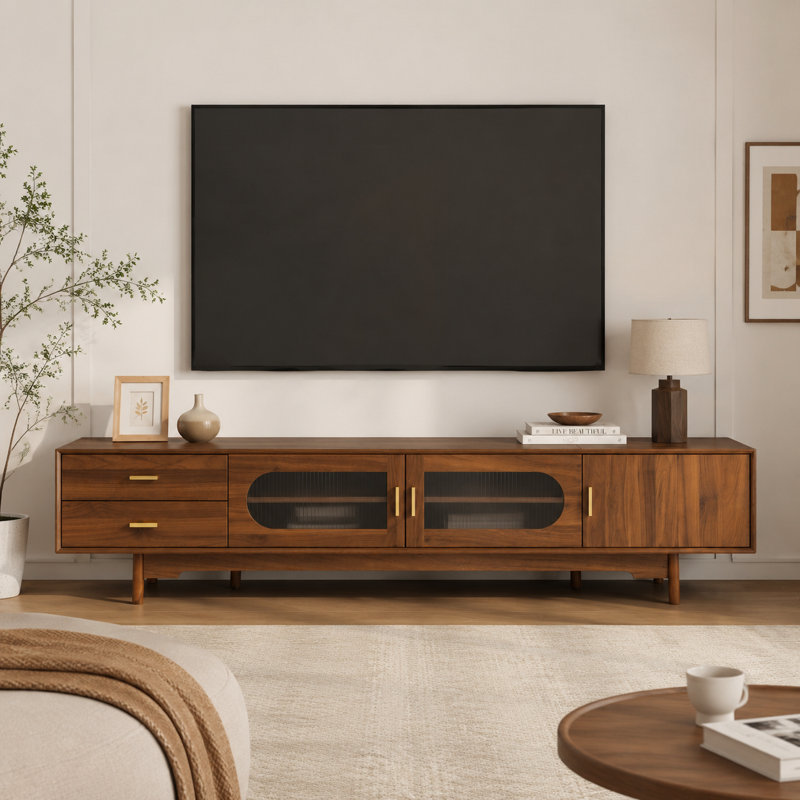 Meuble télé 78,8 po avec armoires de rangement et portes en verre Mid-Century