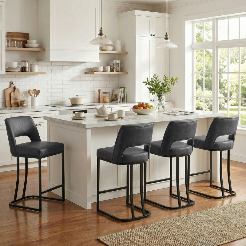 Tabouret de bar moderne en similicuir avec structure en métal, tabourets de bar modernes à hauteur de comptoir avec dossier découpé, ensemble de 2