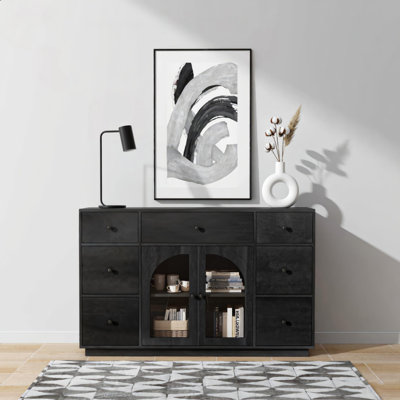 Armoire noire spacieuse avec 2 portes et 7 tiroirs pour le salon et la salle à manger, parfaite pour le rangement et l'organisation