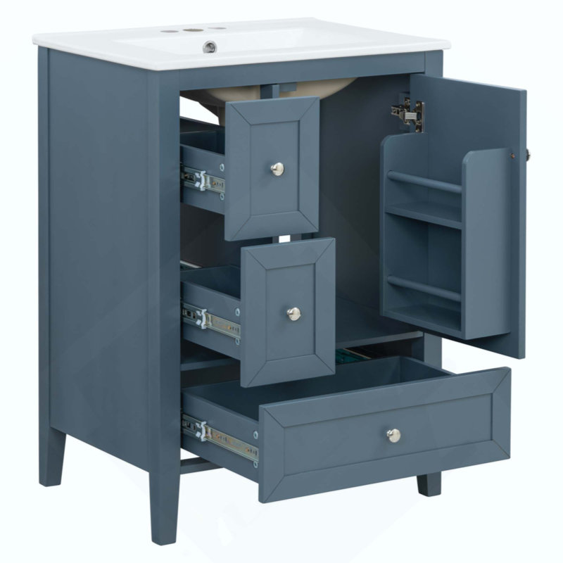 Meuble-lavabo moderne avec lavabo en céramique, pieds en bois massif, tiroirs et porte à fermeture en douceur, support de rangement, finition de surface peinte