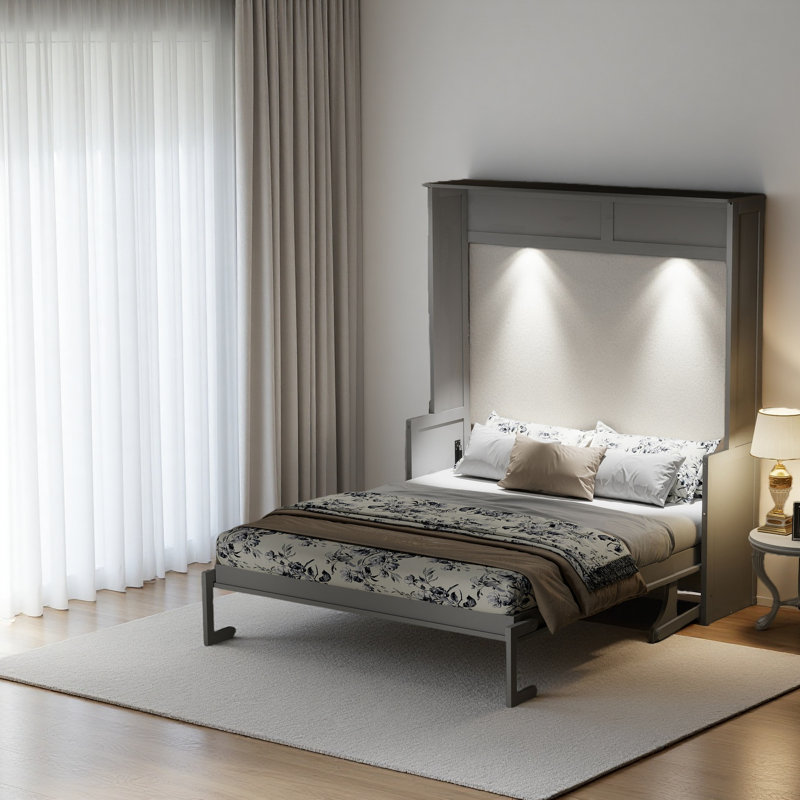 Grand lit escamotable avec bureau, lumières DEL et station de charge USB, Gris