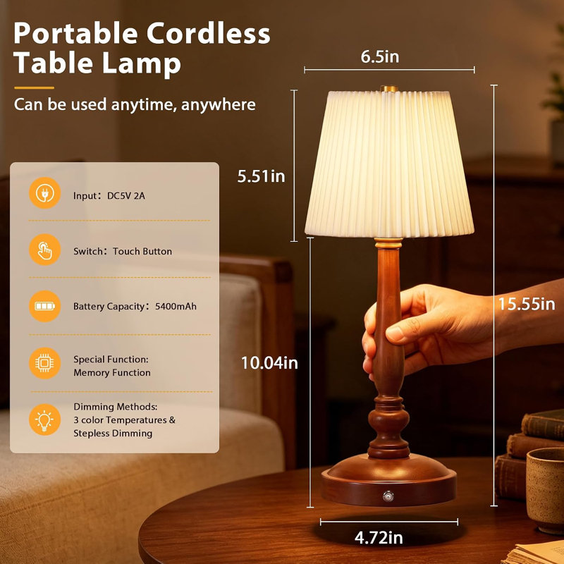 Lampe de table sans fil 15,5 po, petite lampe de chevet rechargeable 5400 mAh, abat-jour blanc