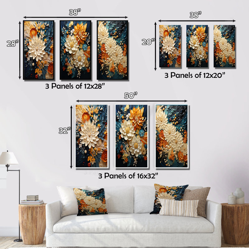 Tourbillon orange et bleu sarcelle tourbillon IV - ensemble de 3 botaniques abstraites, Toile tendue, H 40 po x l 60 po