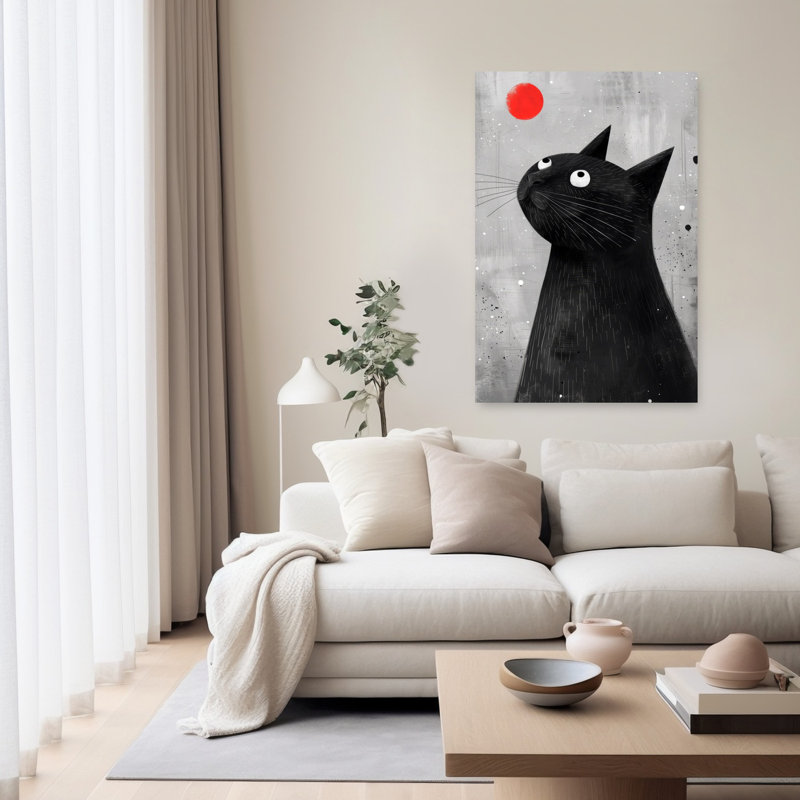 Chat noir, boule rouge, art mural moderne, 60" H x 40" W