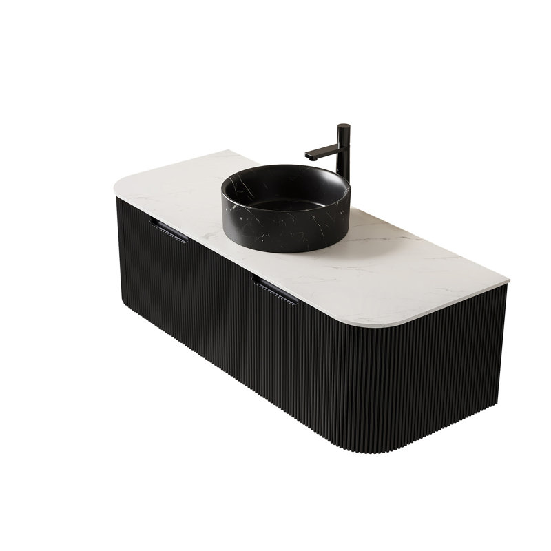 Meuble-lavabo de salle de bain, meuble de rangement flottant à contreplaqué à bords arrondis avec 2 tiroirs, lavabo rond en céramique noir et plateau en pierre frittée blanc de Carrare, pré-assemblé
