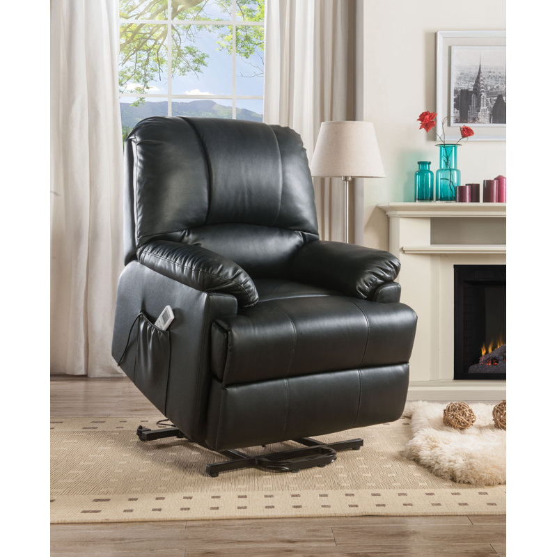 Beuna 34" Wide Faux Leather Power Zero Clearance Standard Recliner with Massager, Black Faux Leather
