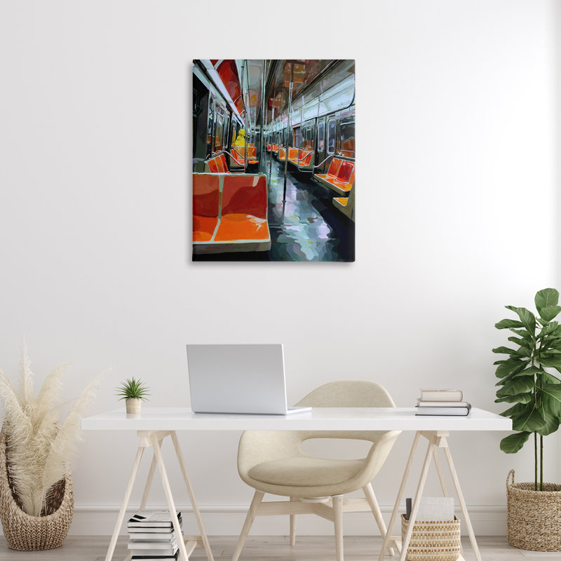 Bird Character in Subway Train Canvas, design by Keith Thomson, 40" H x 30" W