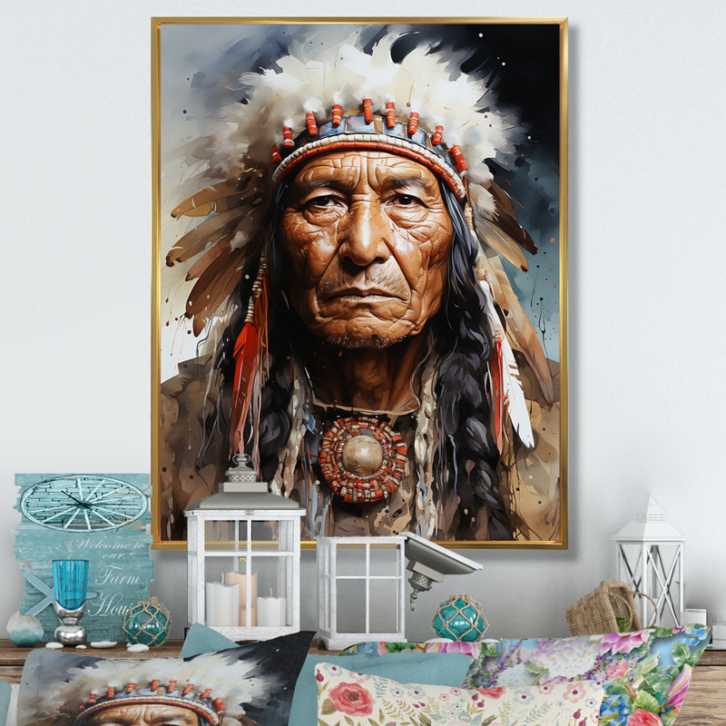 Portrait de Lakota amérindien, H 20 po x l 12 po x P 1 po, Cadre flottant doré