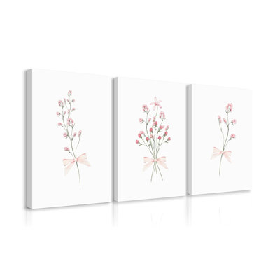 Nursery Flower Wall Art Girl Floral Canvas Wall Decor Boho Wildflower Art Poster Pink Bow Pictures Nursery Floral Prints Vintage Botanical Artwork for Girls Room Bedroom 12x16x3 Inch Ready to Hang