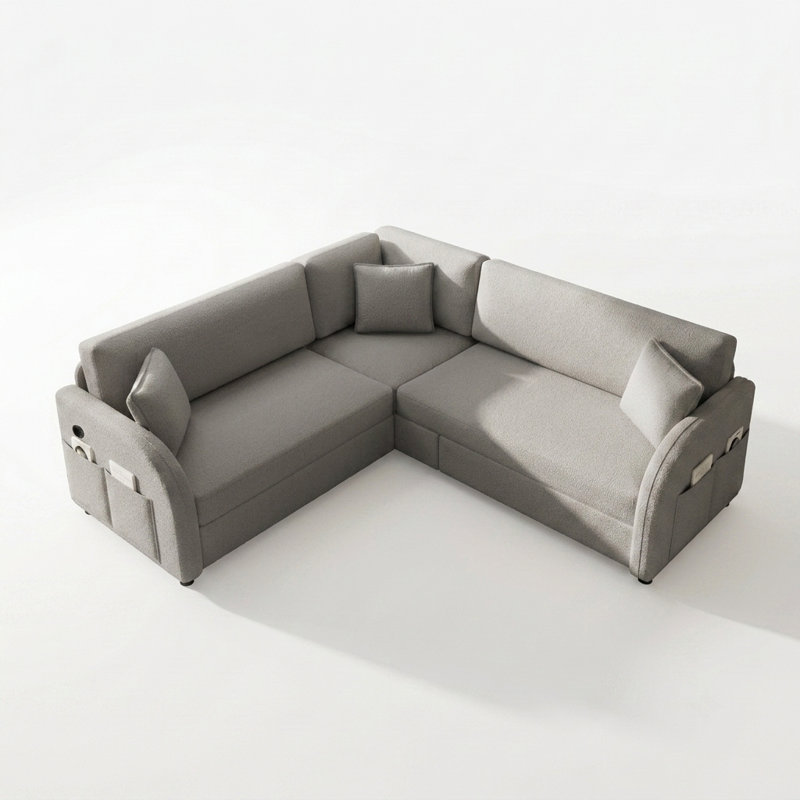 Canapé convertible en L 85,1 po avec lit escamotable, poche latérale et port USB, Gris clair