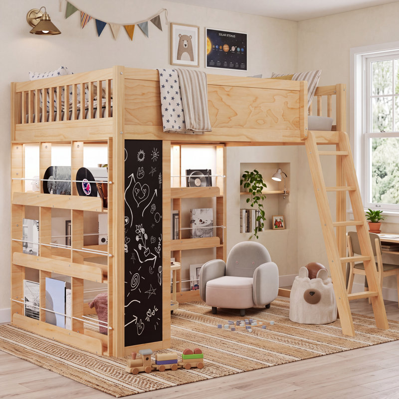 Lit mezzanine double en bois avec lumières DEL, tableau noir, étagères intégrées, naturel, Lit double, Naturel