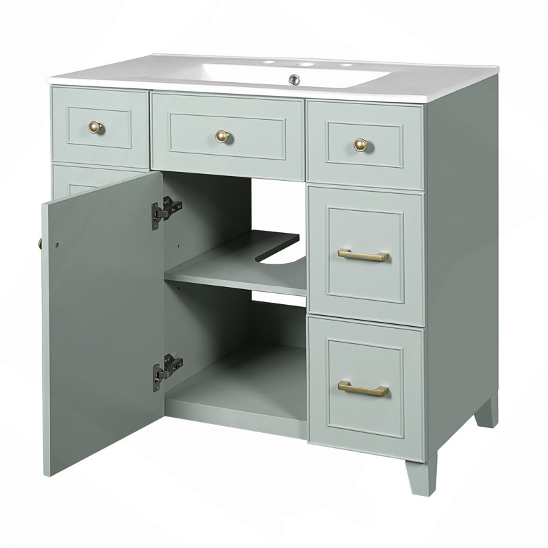 Meuble-lavabo 36 po avec lavabo en céramique, portes à fermeture douce, 2 tiroirs double couche et 2 tiroirs standard, tablette réglable