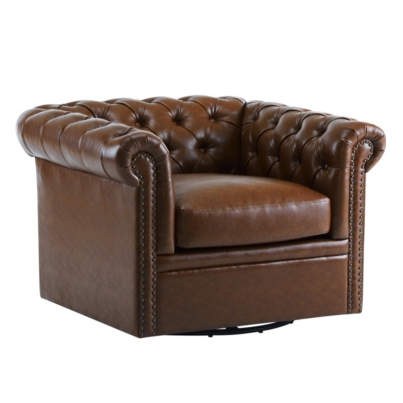 Lawrence Chesterfield Upholstered Swivel Club Chair, Dark Brown Faux Leather