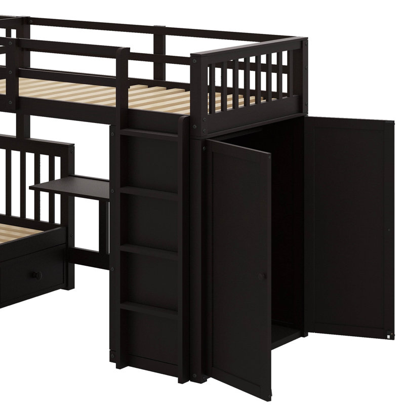 Lit simple superposé au dessus d'un lit double avec tiroirs, bureau et garde-robe, Espresso