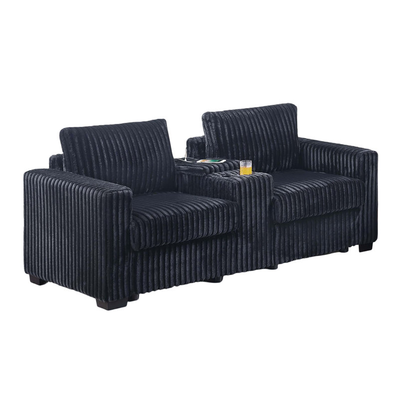 Ensemble de canapés 2 pièces de style moderne 1X Canapé 1X Causeuse Coussin de dossier Pieds en plastique Porte-gobelets Port de charge Rembourrage en velours côtelé Salon principal