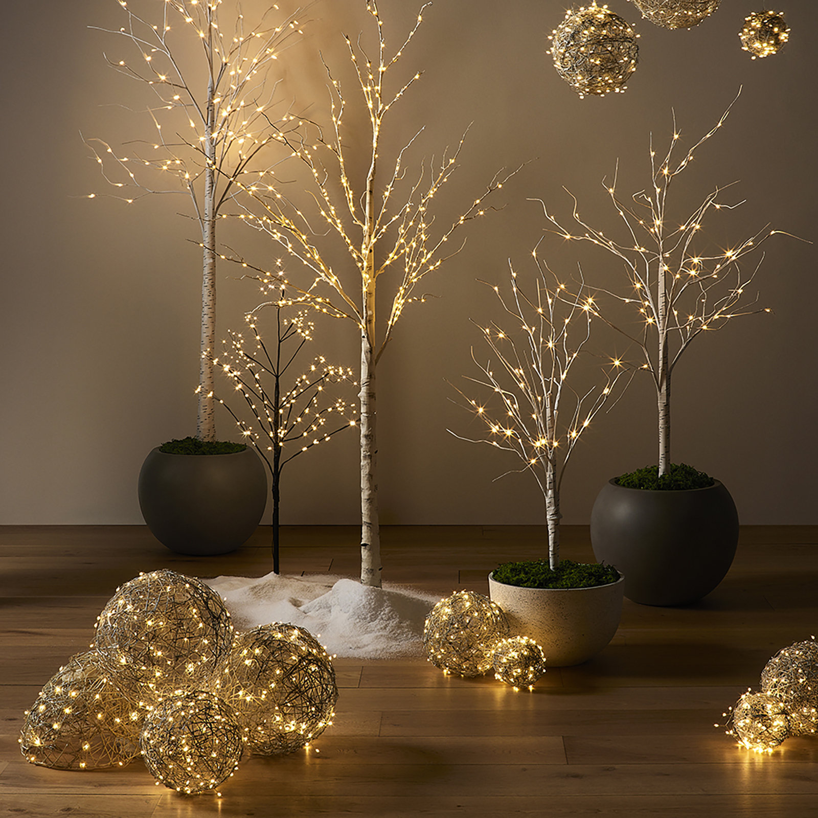 Set Of 3 White Modern Organic Vine Balls, Battery Operated Led