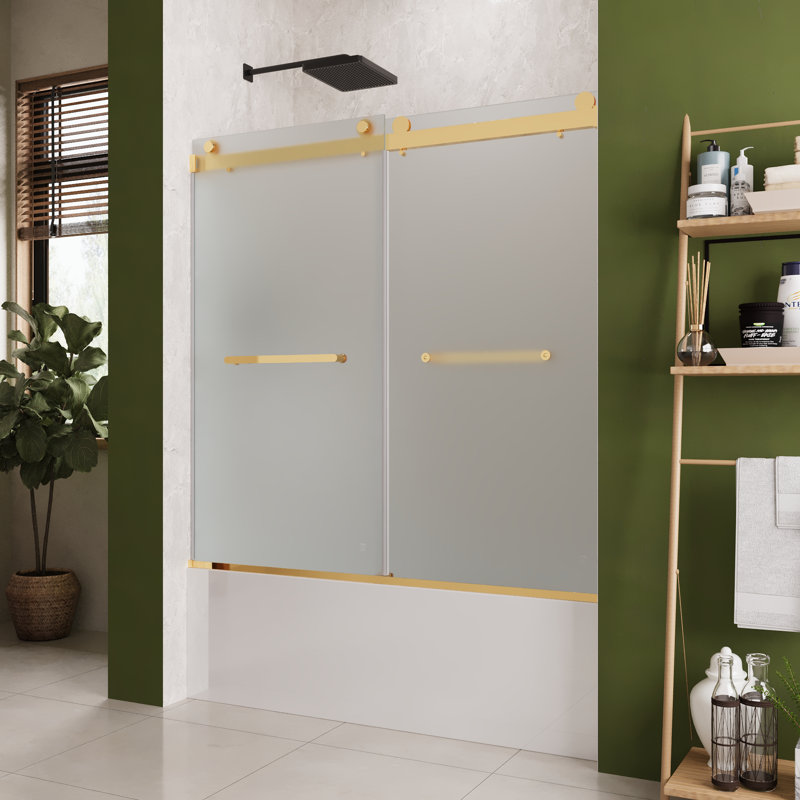 55" - 59" W×59" H Double Sliding Frameless Bathtub Shower Door With 3/8" Frosted Tempered Glass, Gold