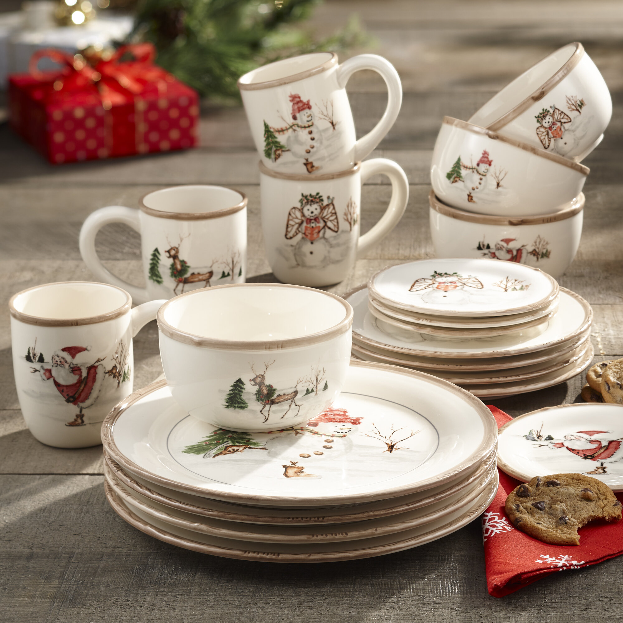 Christmas Winter Greeting Coffee Mugs Holiday Stoneware - Set of 4