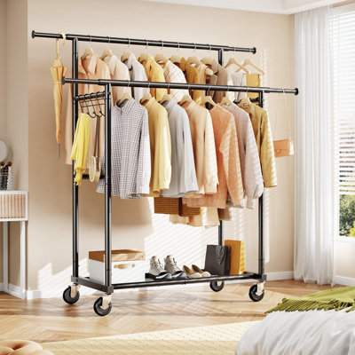  Heavy Duty Double Rails Clothes Rack with Shelves, 450lbs Capacity Steel Garment Rack with Wheels, Adjustable Length Bottom Mesh Shelf for Storage, Black