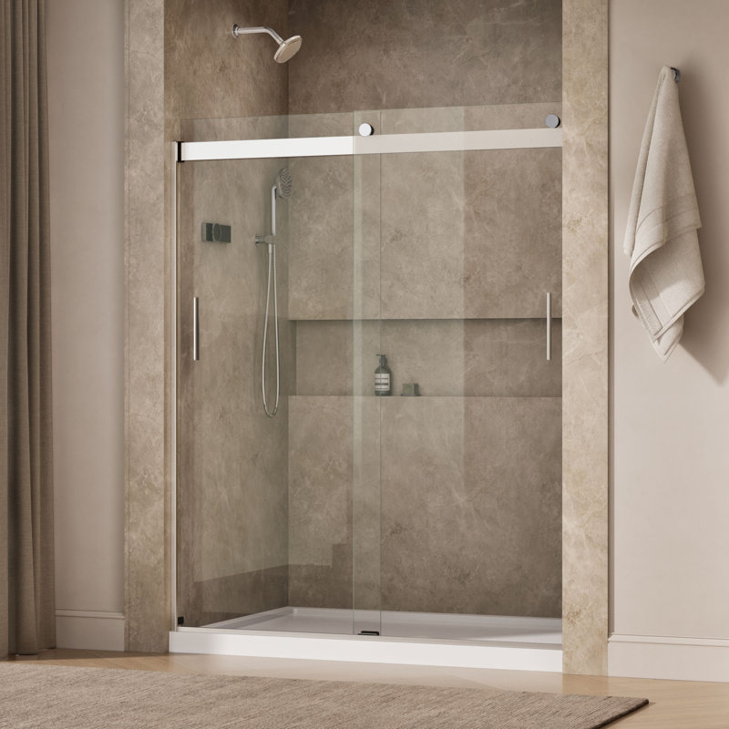 Porte de douche H 74 po x l 59,63 po Levity avec technologie CleanCoat Levity, Cristal transparent, Argent brillant
