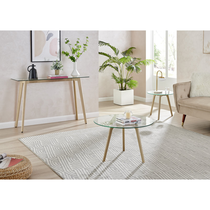 Sala 3 Piece Round Coffee Table Living Room Set - Scandinavian Style Glass and Wood Centre Table, Wood