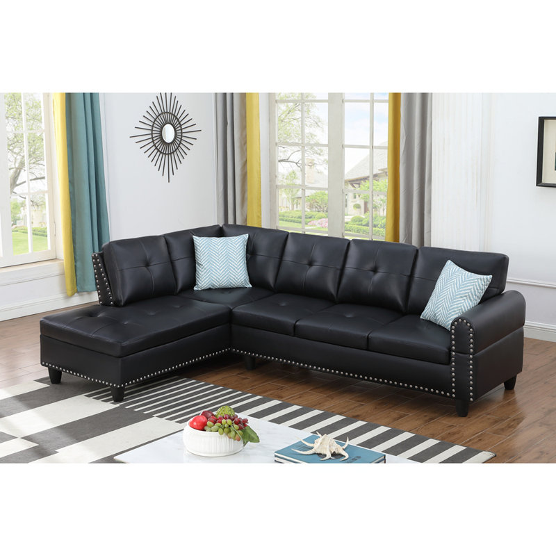 Canapé modulaire en forme de L noir avec rangement et porte-gobelets 2 pièces, Noir
