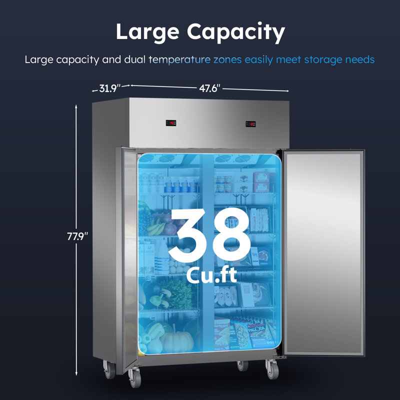 Commercial Refrigerator & Freezer Combo, 38 Cu.Ft Dual Temp Zone with Independent Compressors