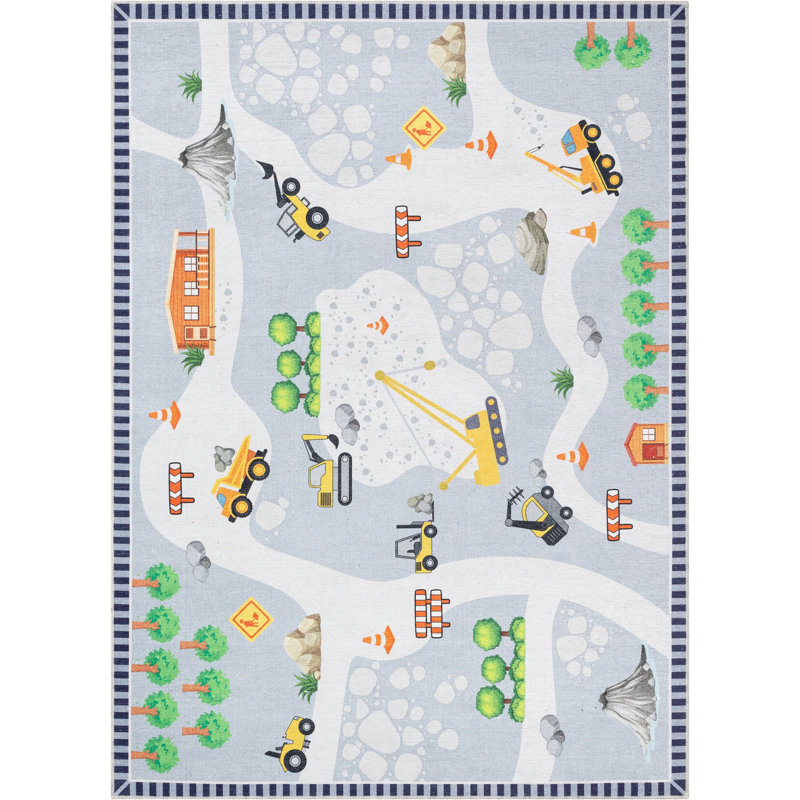 Gray Synthetic Chenille Kids Construction Playmat Rug 5' x 7'