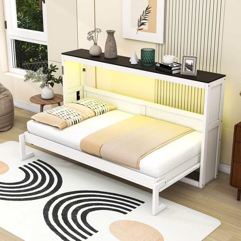 Lit escamotable simple en bois avec éclairage DEL et verrou de sécurité, Blanc, brun