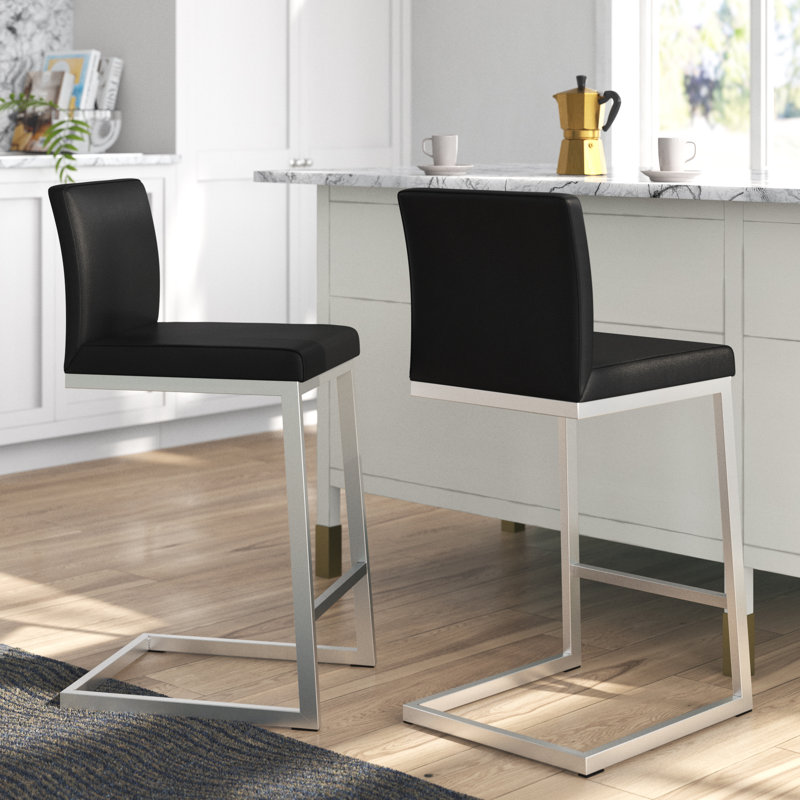 Hamby Upholstered Counter Stool with Metal Frame, Black, Silver