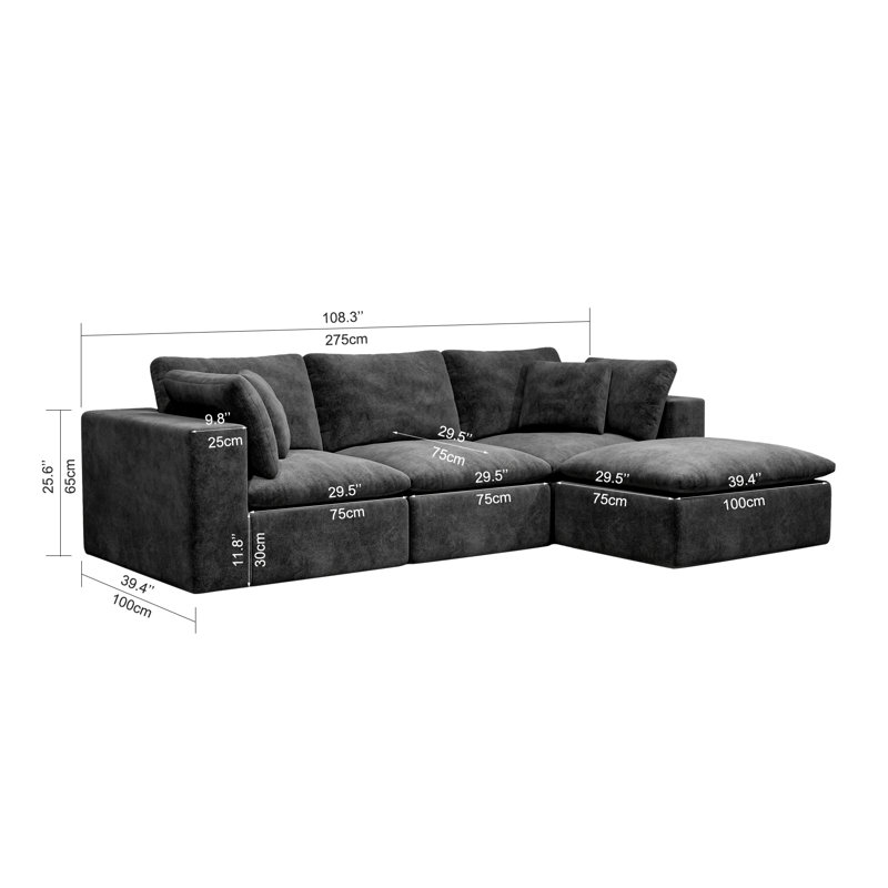 Grand canapé modulaire 108,3 po, canapé convertible 3 places, sans assemblage requis, tissu en chenille moelleux avec coussins, minimaliste moderne
